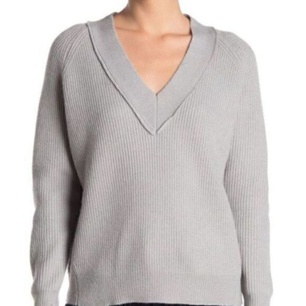 FRNCH Paris V Neck Ribbed Knit Sweater Gray S M